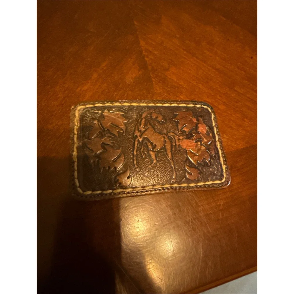 Vintage Tooled Leather Horse Floral Belt Buckle Brown Western C-822